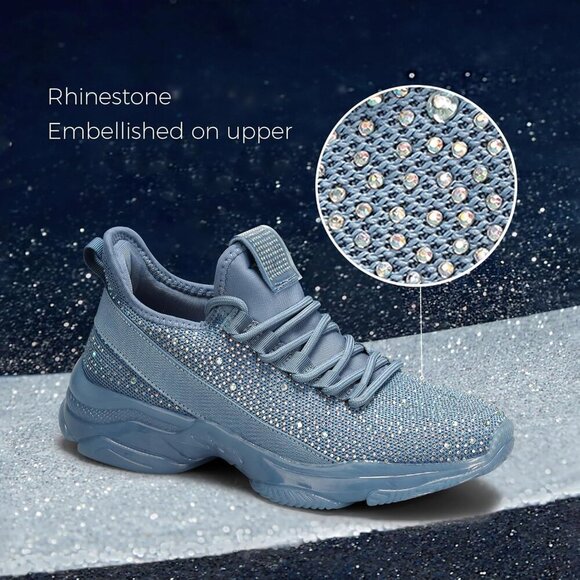 🆕 Women's Rhinestone Mesh Slip-On Walking Shoes Breathable Sparkle Glitter Blue - Picture 2 of 8
